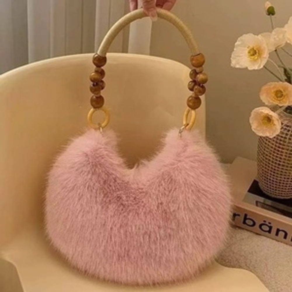 Pink Faux Fur Hobo Handbag with Beaded Wood Handle‎ Crescent Plush Bag Boho Chic